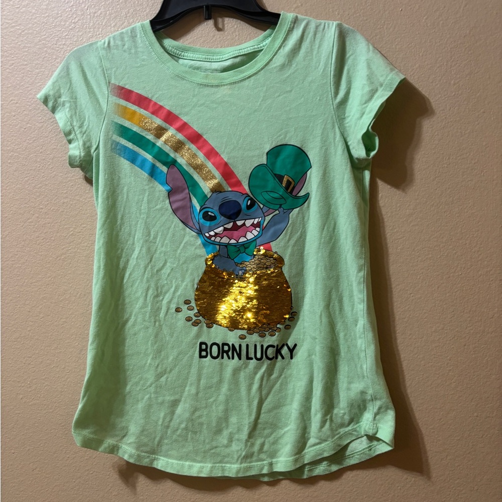 Disney Stitch "Born Lucky" Rainbow Graphic Tee XL (14-16) Green Cotton Blend
